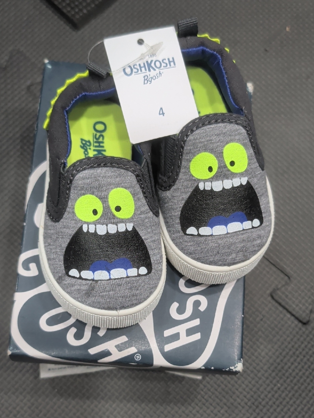 OshKosh B'gosh Gray Slip-On Sneakers with Neon Green Monster Eyes